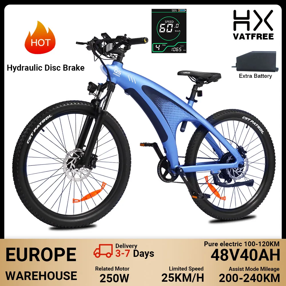 HX Q5 elektrische fiets voor volwassenen, met koppelregelaar, 250W motor, 85Nm, 48V, 20Ah, uitneembare accu, 27,5x2,25 inch, geschikt voor zowel berg- als stadsgebruik.