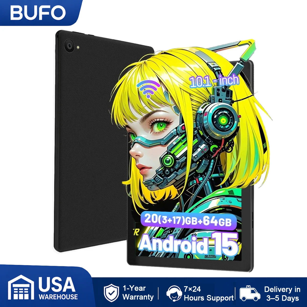 BUFO C11 10.1 Inch Android 15 Tablet PC 20GB(3+17) RAM 64GB ROM Octa Core Processor 1280*800 HD LCD Screen 5000mAh Battery 5MP+8MP Dual Camera Expandable 1TB TF Card Tablet