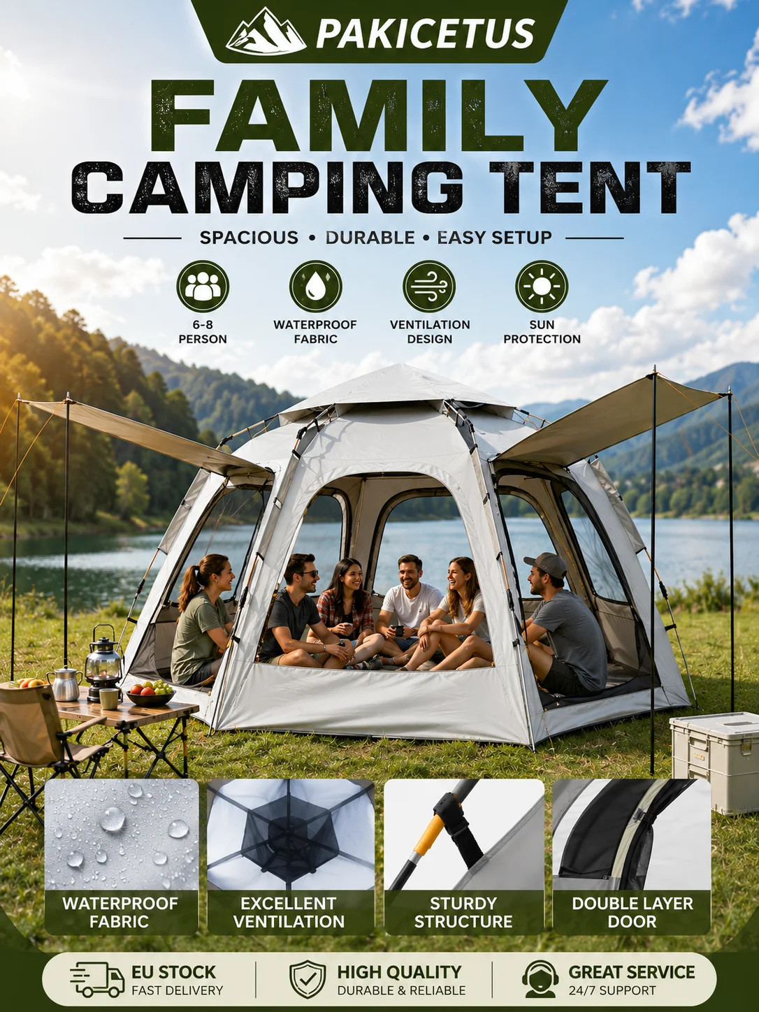 PAKICETUS Pop-Up-Campingzelt, sofort aufbaubares, winddichtes Zelt – leicht und tragbar, mit Doppeltür und vier Fenstern, bietet Belüftung und eine freudigere Sicht, geeignet für Wandern, Strand und