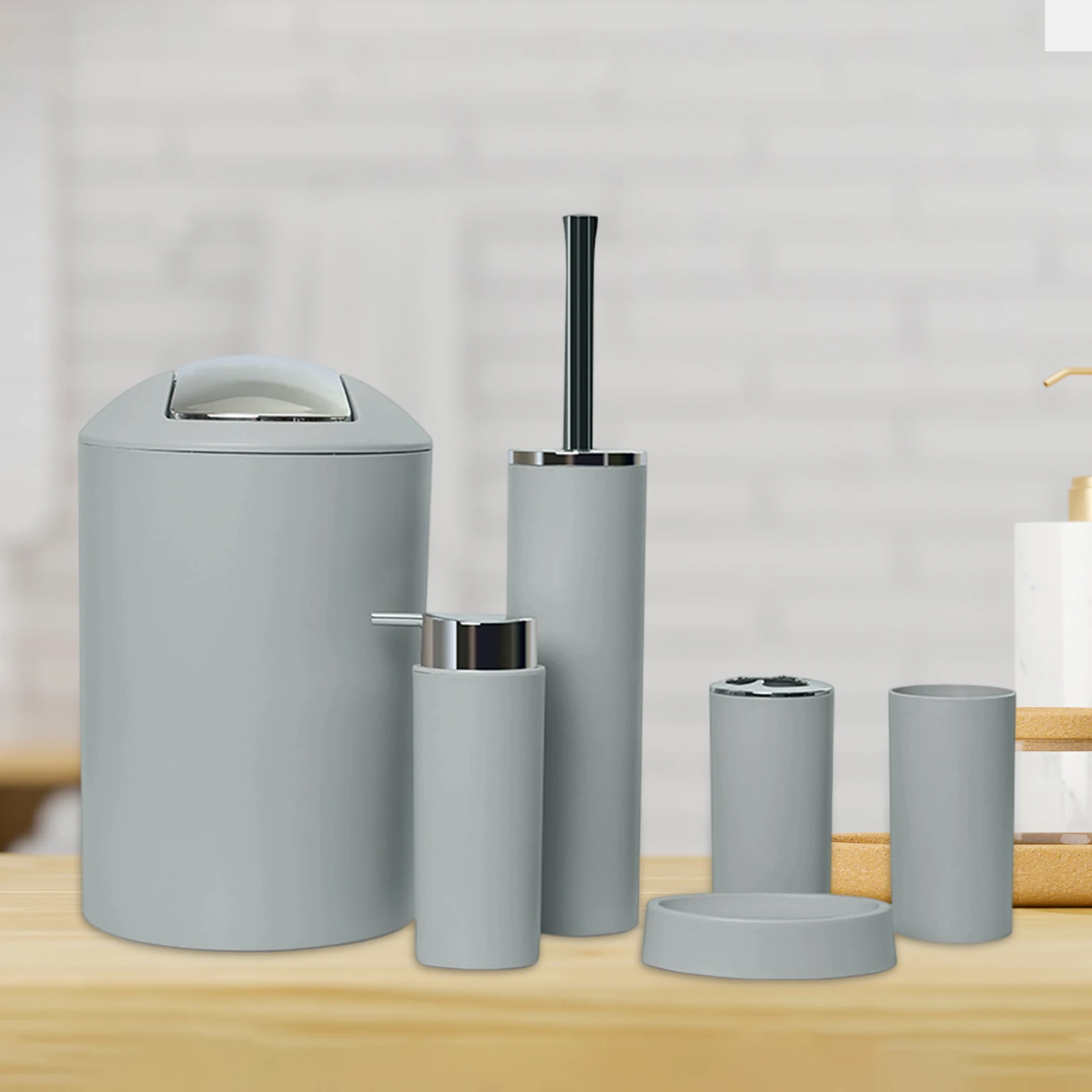 6Pcs Plastic Bathroom Accessories Set Bath Ensemble Soap Dish Trash Can Toilet Brush Necessities Brush Holder Trash Can Set