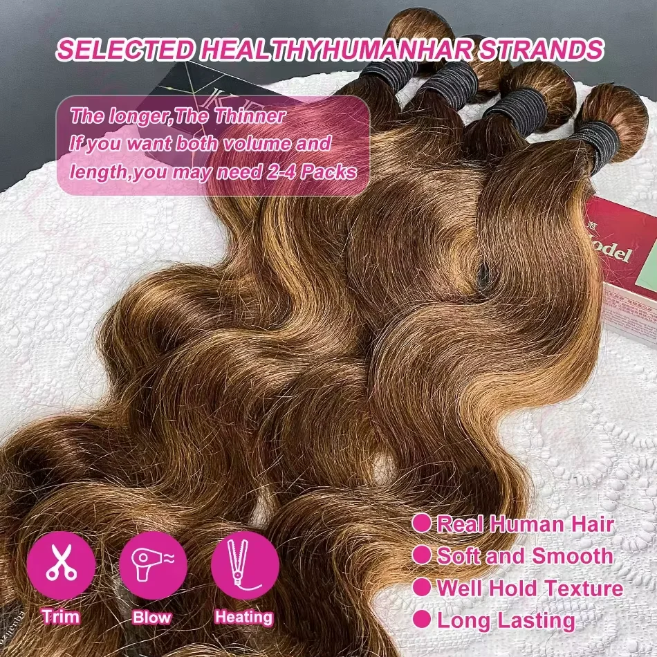 # 4/27 vague de corps mettre en évidence les paquets de cheveux humains colorés Ombre miel brun brésilien Remy Extensions de cheveux pour les femmes noires Double