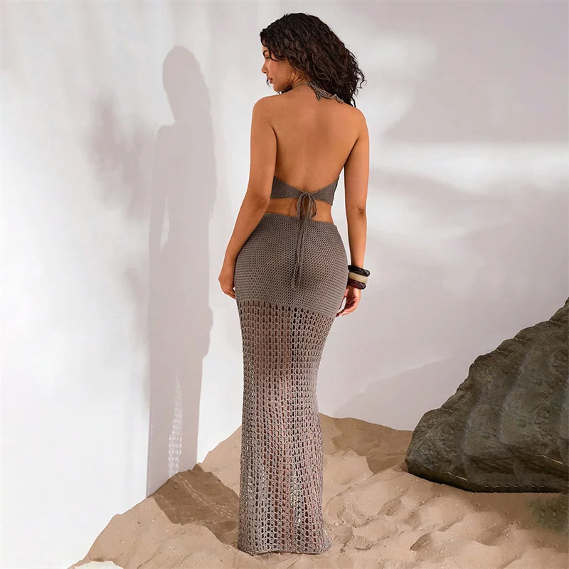 2 PCS Women's Beach Crochet Swimsuit Set Sexy Halter Lace-Up Crop Top & High-Waist Skirt Bikini Cover-Up Hollow out Knit Dress
