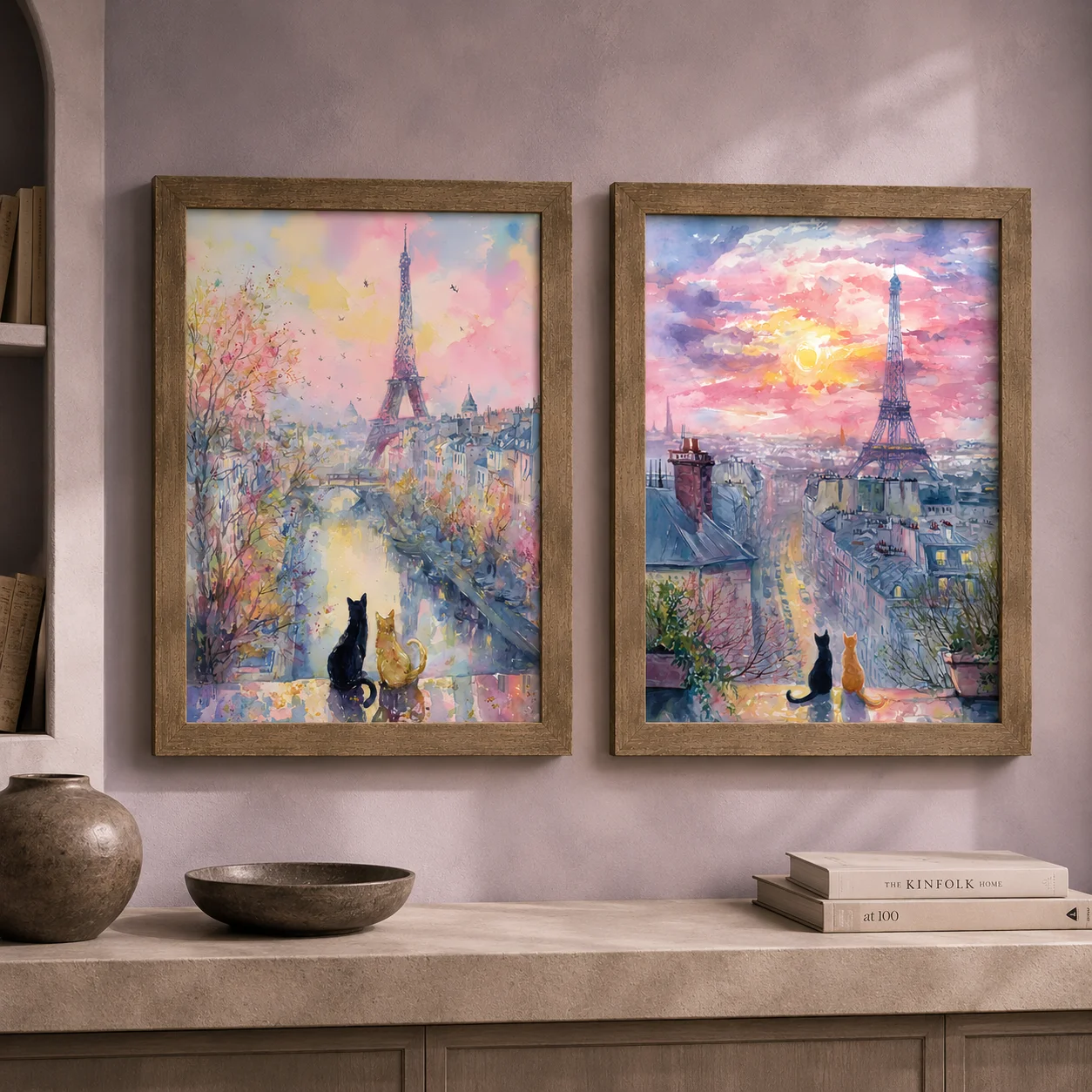 Animal Landscape Wall Art, Paris Eiffel Tower Cat Canvas Painting, Nordic Pastel Poster Print for Bedroom Living Room Wall Decor