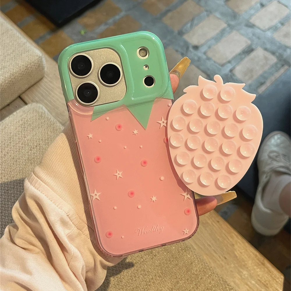 เคสโทรศัพท์แบบดูดติดลายดาวสตรอว์เบอร์รี่น่ารักสไตล์เกาหลี สำหรับ iPhone 17 16 Pro 15 14 Pro Max 13 16 Fundas Kawaii ป้องกันรอยขีดข่วน