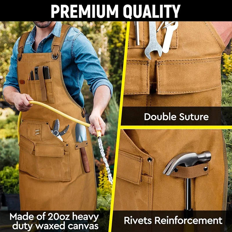 Durable Work Apron with Tool Pockets Heavy Duty Unisex Canvas Adjustable Cross-Back Straps Apron For Carpenter Painting Home BBQ