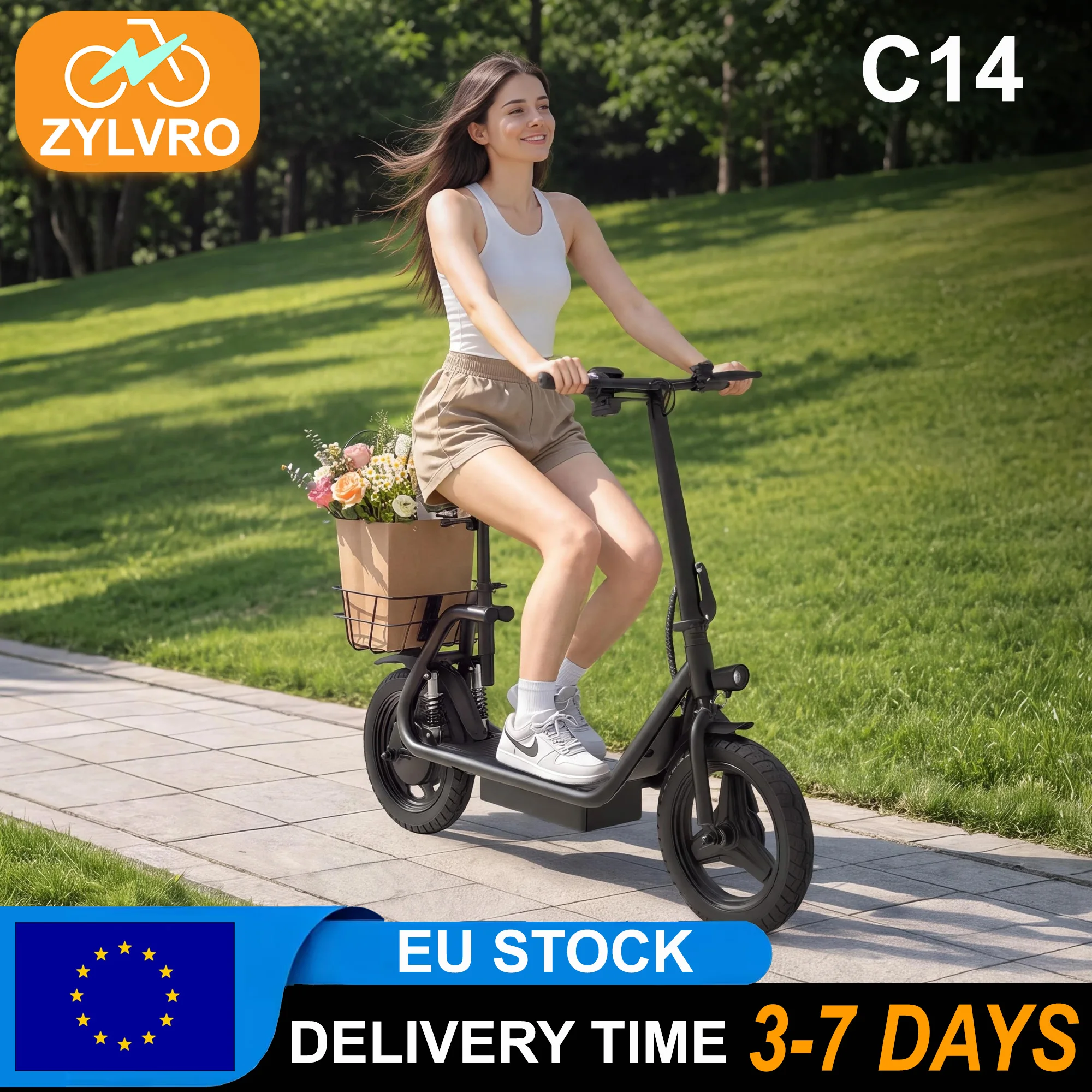 ZYLVRO C14 Monopattino Elettrico con Sedile e Portapacchi Posteriore, Motore 900W, Batteria 48V 15Ah, Pneumatici da 14 Pollici, Velocità Massima 40km/h, Freno a Disco, Doppia Sospensione