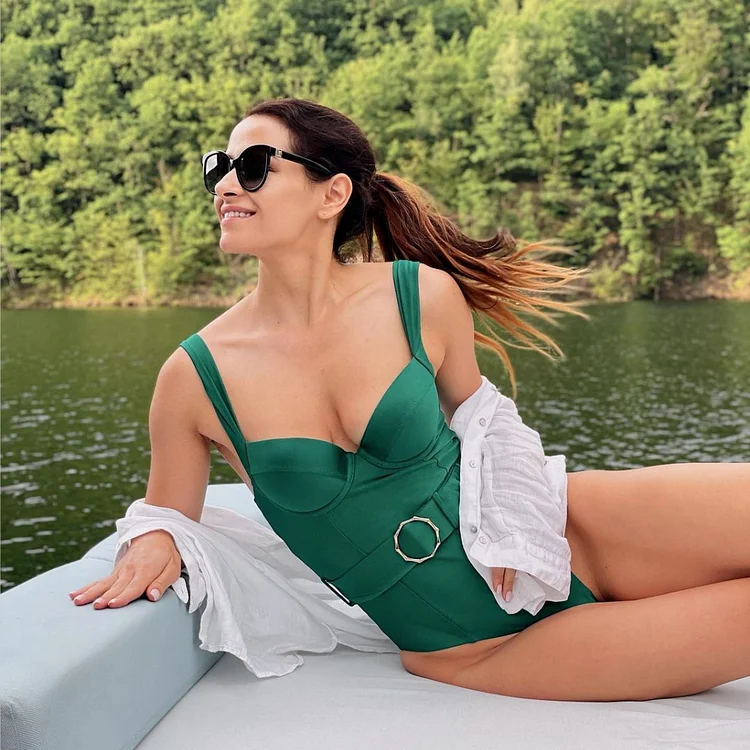 2024 Retro Sling Belt Green  One Piece Swimsuit and Skirt Summer Swimwear  Women  Beachwear Bathing Suit