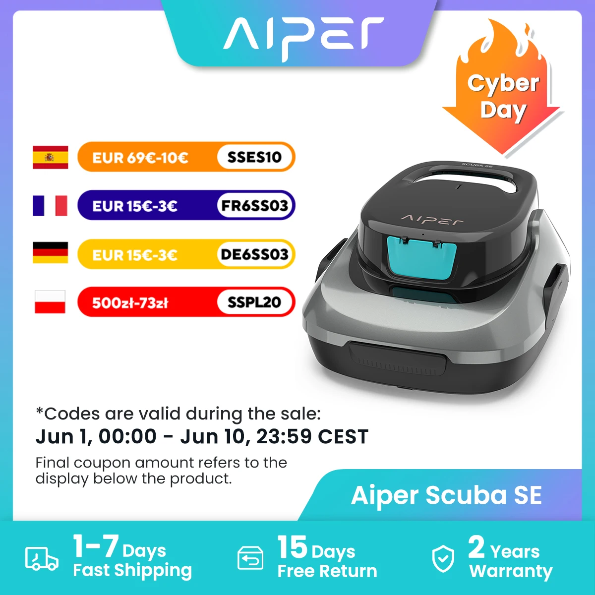 Nettoyeur de piscine sans fil AIPER remis à neuf avec une autonomie de 90 minutes, stationnement automatique intelligent, léger, aspirateur de piscine pour piscines hors sol plates jusqu'à 860 pieds