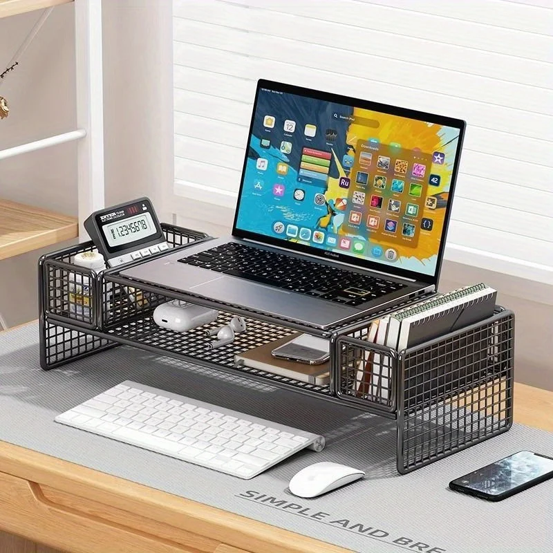 Ergonomic Iron Desk Organizer with Dual Storage - Computer Riser, Laptop Cooling Stand & Monitor Holder for Office Efficiency