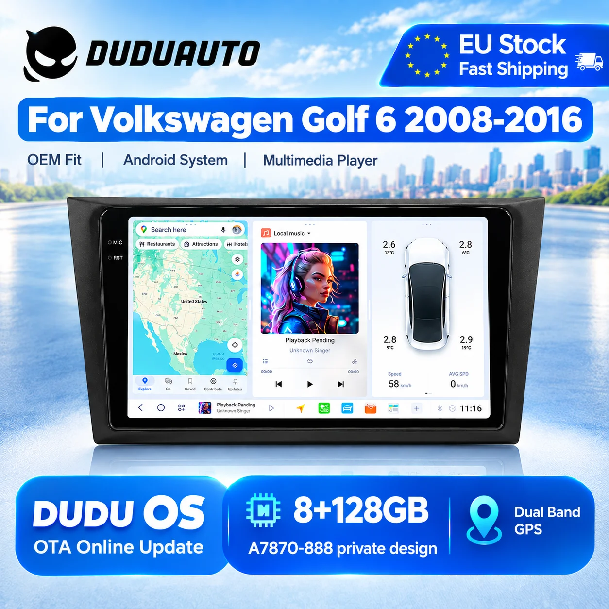 DUDUAUTO Stock UE Pour Volkswagen VW Golf 6 2008-2016 Autoradio Android Lecteur Multimédia Écran Tactile CarPlay Sans Fil Android Auto Navigation GPS WIFI Bluetooth BT FM Stéréo Unité Centrale