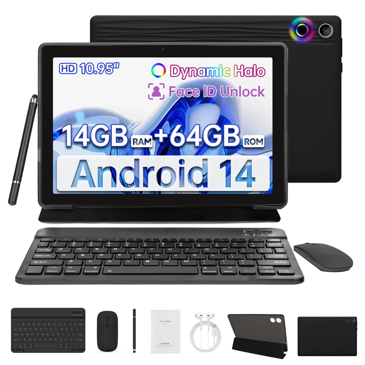 Tableta Android 14 de 11 pulgadas octa-core 14GB + 64GB 1TB ampliar batería de 6800mAh con funda protectora lápiz óptico teclado ratón auriculares