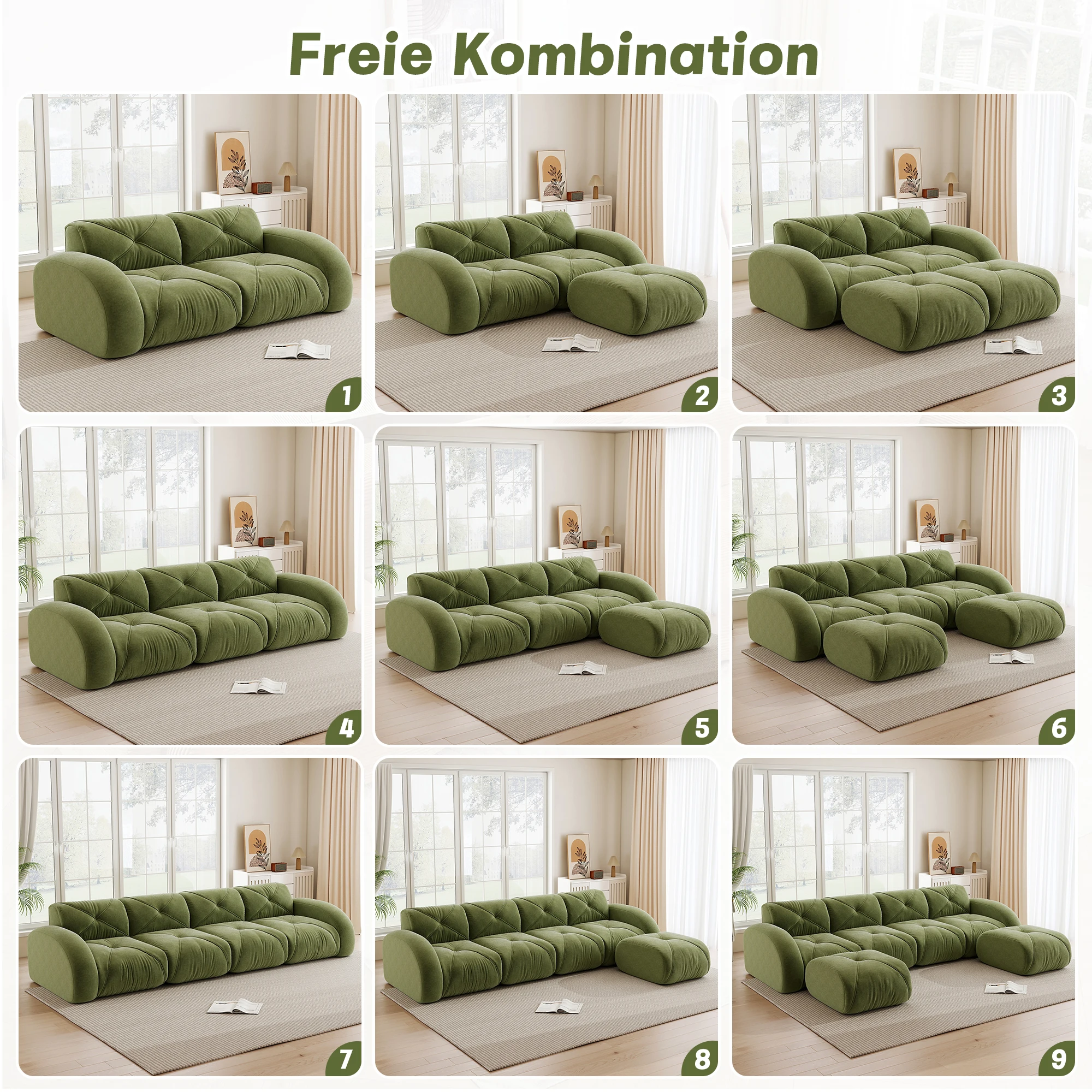 U-förmiges Modulsofa aus weichem Chenille-Stoff rahmenloses 4-Sitzer Kombinationssofa Set mit 2 Hockern 358 cm breit 32D hochdichter Schaumstoff kein Aufbau nötig für Wohnzimmer Hellbeige Grünes