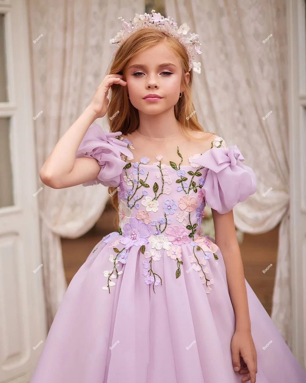 Booma A-Line Flowers Girl Dresses Appliques Tulle Appliques Wedding Party Dress for Kids Girls Prom Gowns Customized