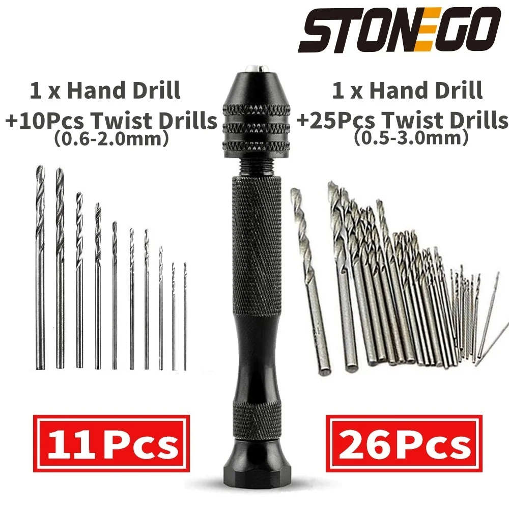 STONEGO 1 Set (11pcs/26pcs) Hand Drill Set Aluminium Alloy Mini Aluminum Hand Drill With Keyless Drill Chuck DIY Hand Toos