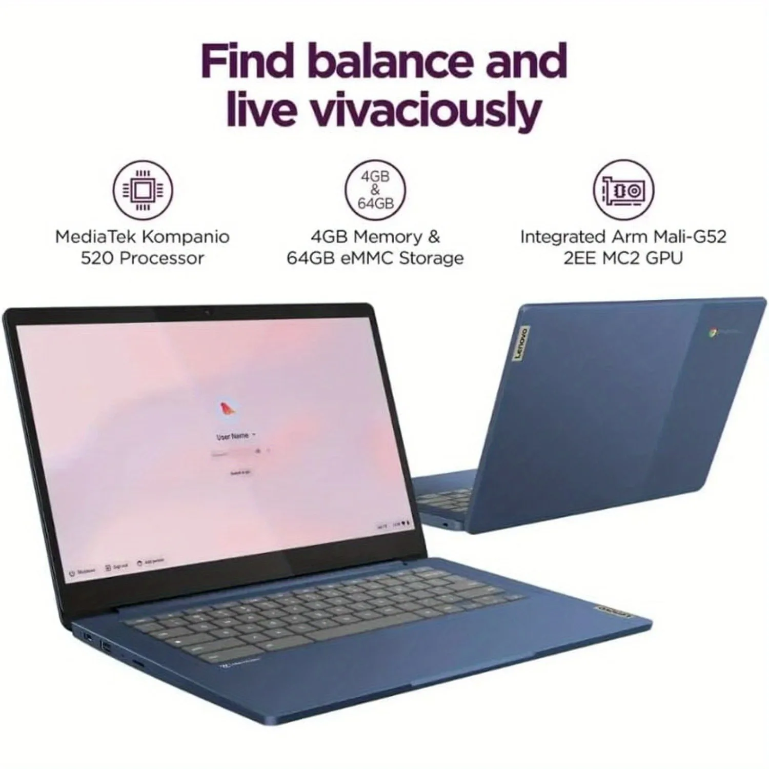 Lenovo IdeaPad Slim 3 14'' Full HD Chromebook,MediaTek Kompanio 520,4 GB RAM, 320 GB Speicher (64 GB eMMC + 256 GB SD-Karte), Chrom-Betriebssystem