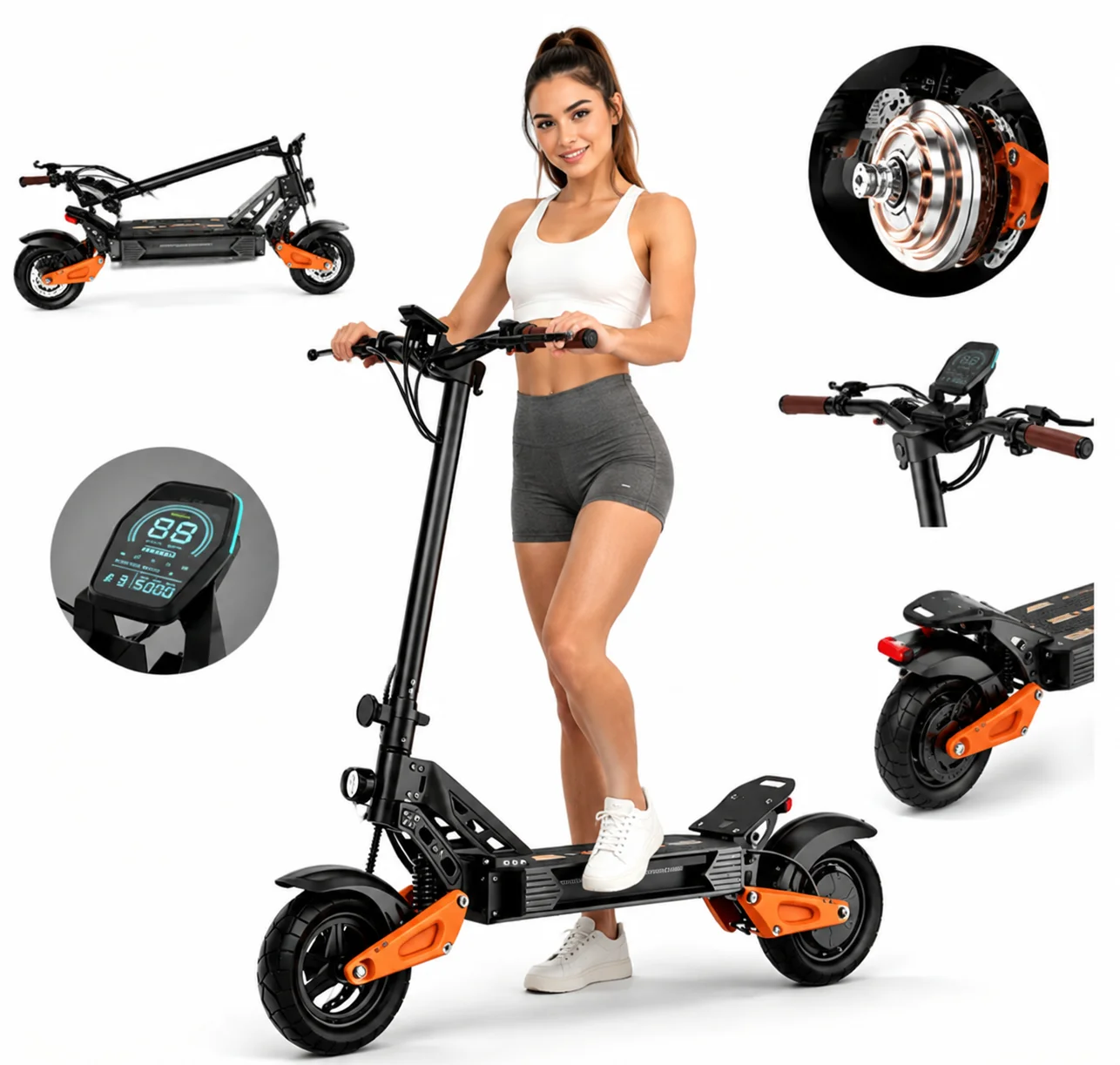 Patinete eléctrico de 11 pulgadas para adultos, con batería de litio de 48 V y 15,6 Ah, plegable.