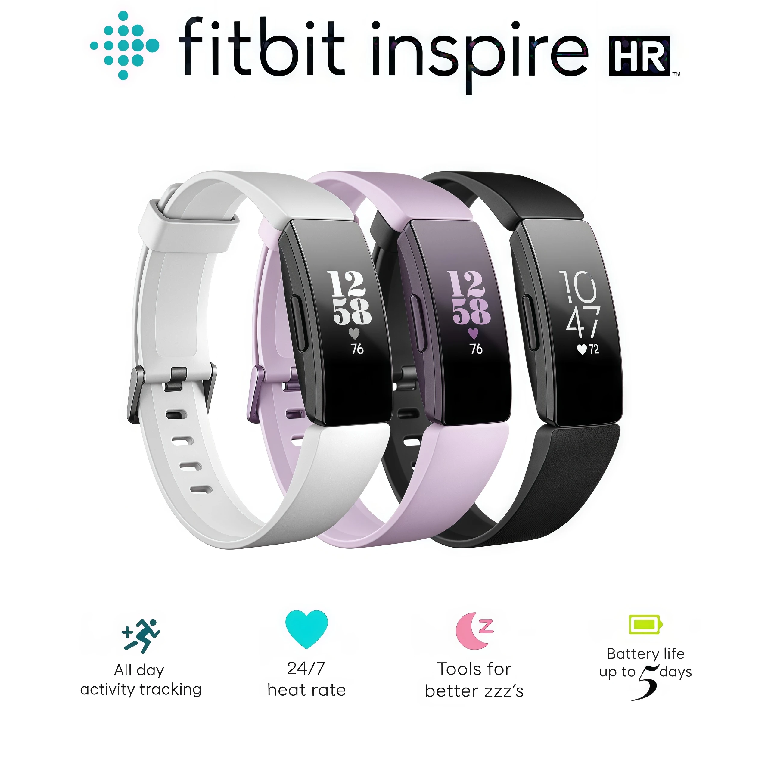 ساعة Fitbit Inspire HR الذكية لتتبع اللياقة البدنية ومراقبة معدل ضربات القلب وخطوات النوم والسباحة وسوار التمارين الصحية المقاوم للماء