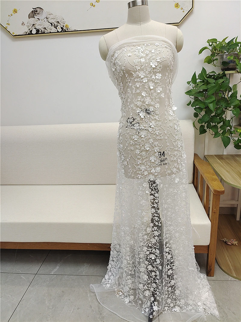 New beaded three-dimensional flower striped wedding dress Xiaohongshu popular dress embroidery lace fabric handmade DIY