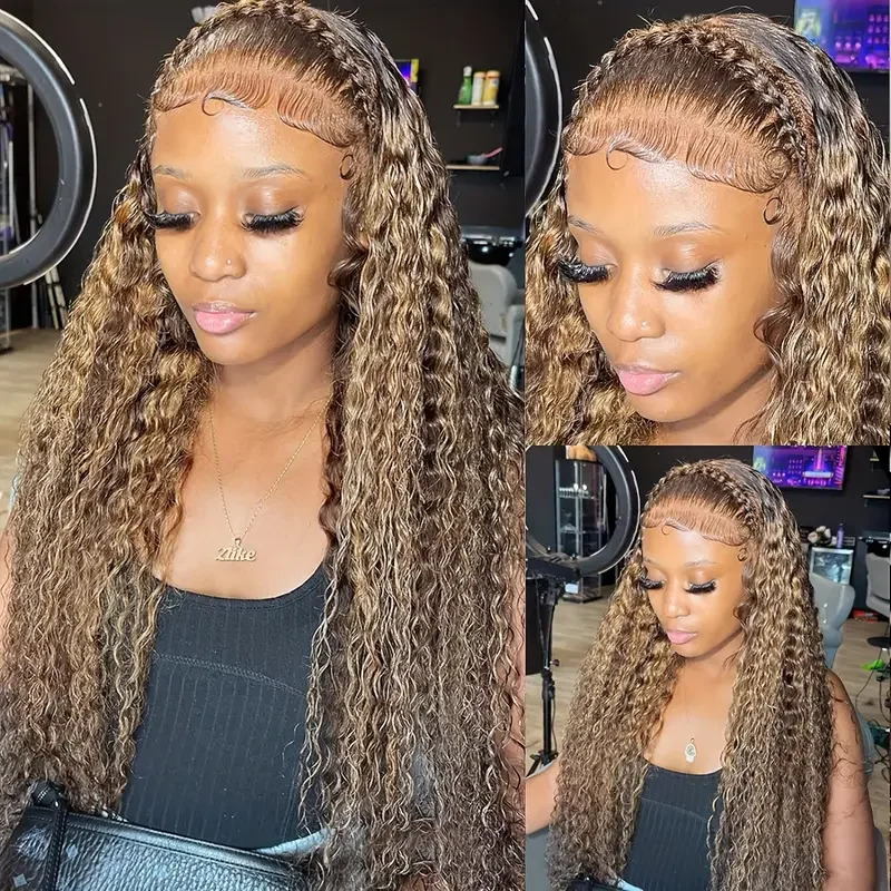 30Inch Highlight Honey Brown Curly Lace Front Human Hair Wigs 13x6 13x4 Ombre Colored kinky curly Lace Frontal Wig Pre Plucked