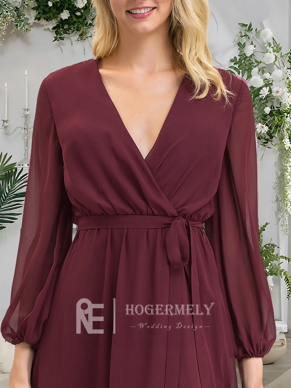 ​ ​ Elegantes Cabernet-Brautjungfernkleid in A-Linie mit V-Ausschnitt und bodenlangem Chiffon 2025, mit Schleife, plissiertem, langen Ärmeln für Hochzeitsgäste