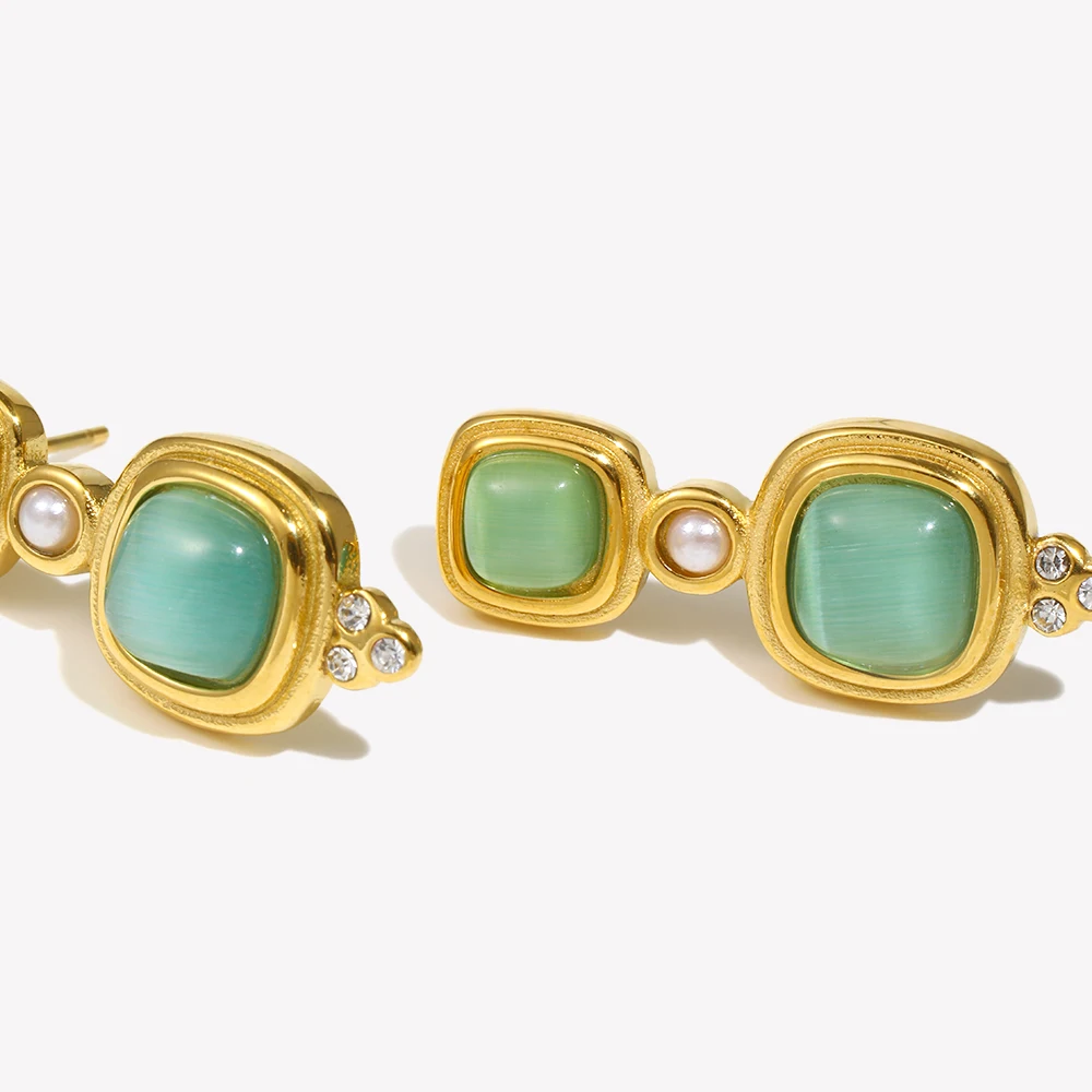 E.B.belle Vintage Style Rhinestone Square Green Gemstone Stud Earring  316L Stainless Steel 18K Gold Plated Hypoallergenic Charm