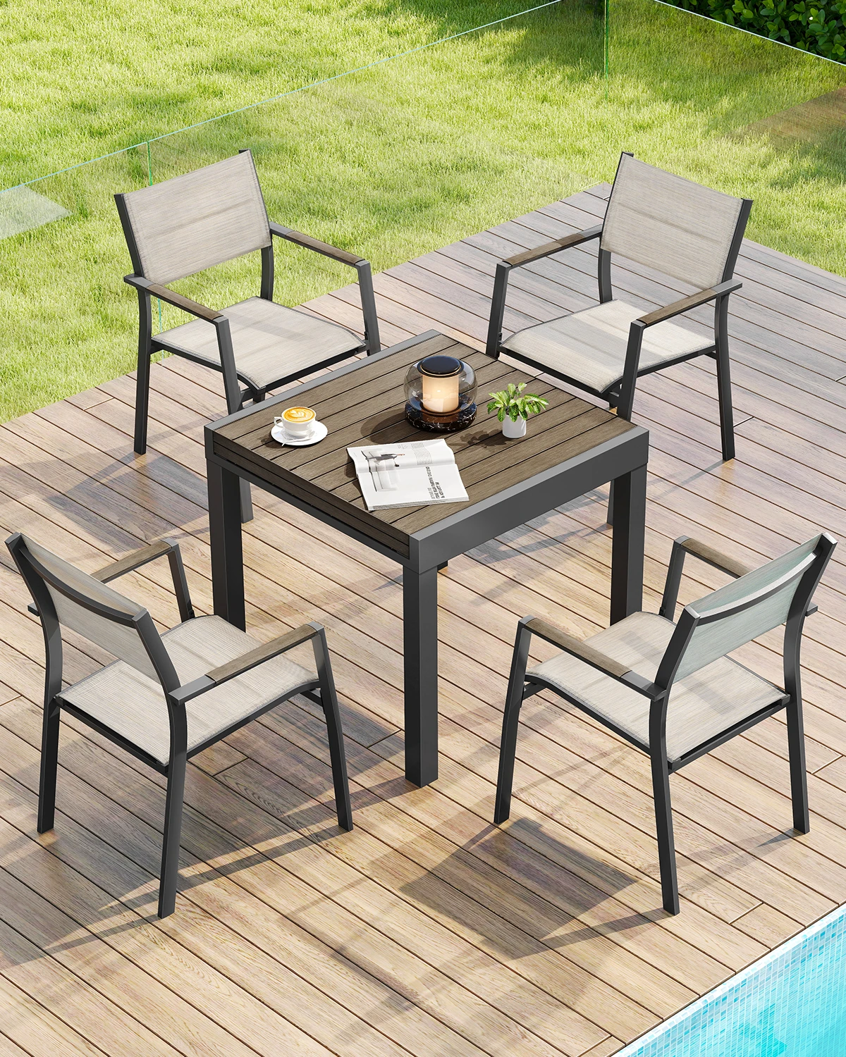 SEEHILL Extendable Outdoor Dining Table for 4-6 Person, Rust-Free Aluminum Expandable Patio Dining Table, 32