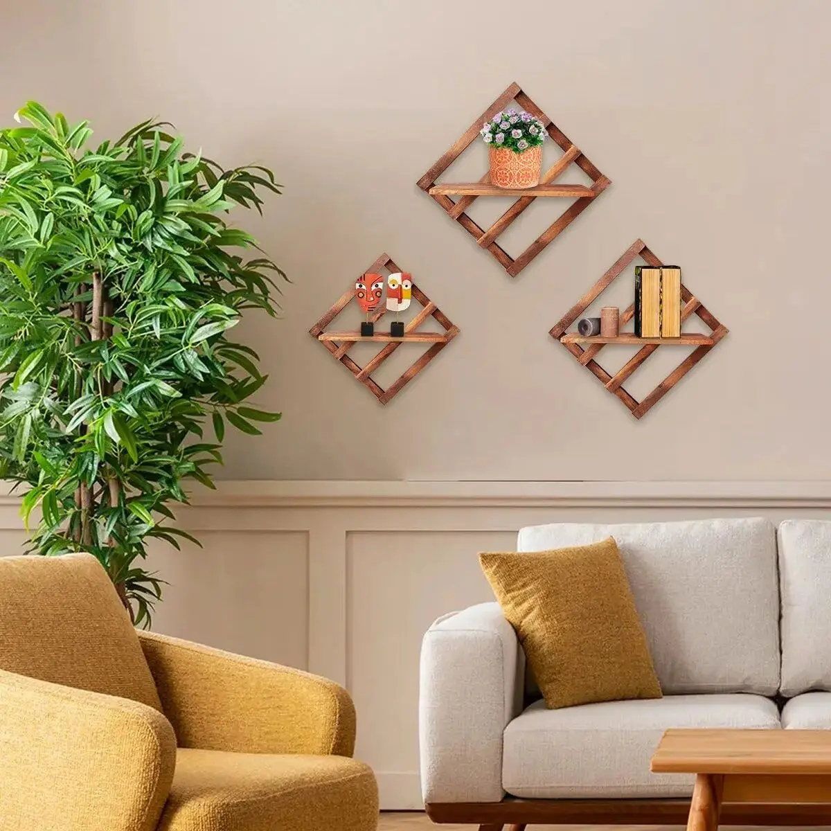 

Decorative Wooden Square Wall Shelf Set 3D Art Home Living Room Kitchen Decoration Nordic Style Wall Shelf Accessory Holder