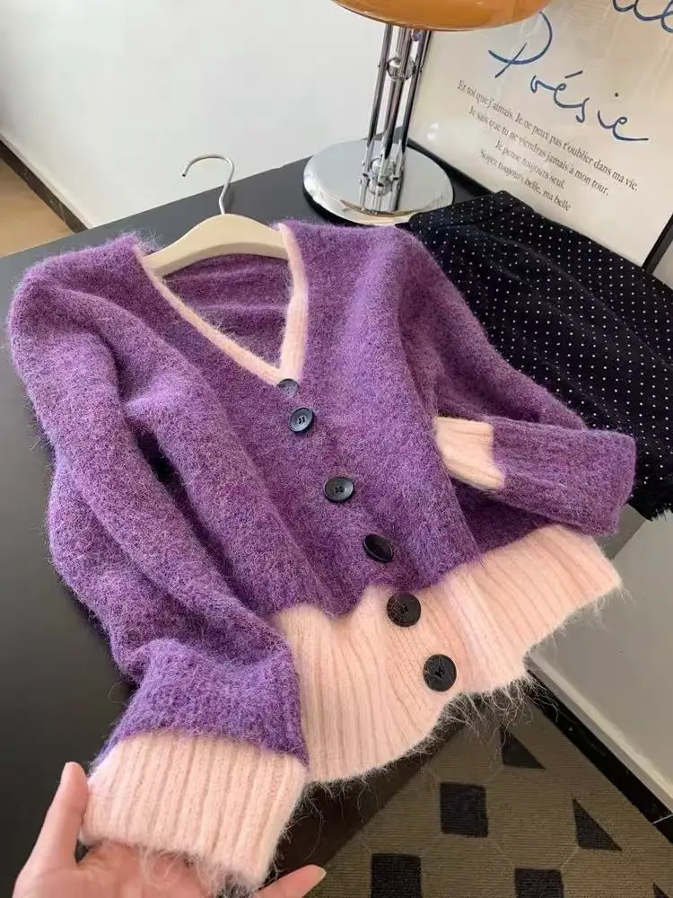 

Women's Purple Fake Two-Piece Sweater V-Neck Sweater American Preppy High-End Lazy Style Autumn And Winter Short Cardigan Top