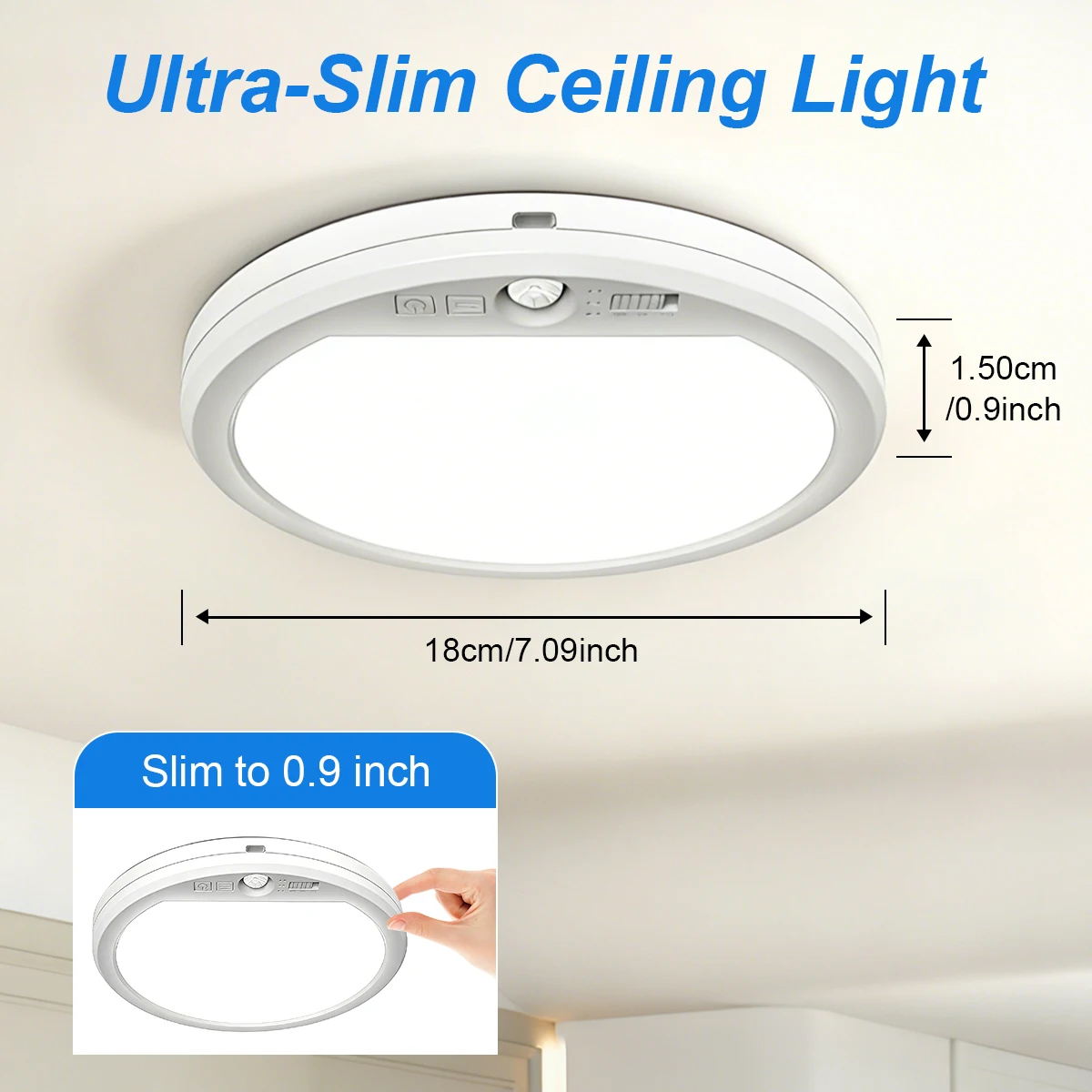 Plafonnier LED rond ultra fin avec télécommande, 3 modes de couleur, luminosité réglable, fonction minuterie, détection de mouvement, applique murale encastrée pour couloir, chambre, balcon, placard, escalier, décoration intérieure