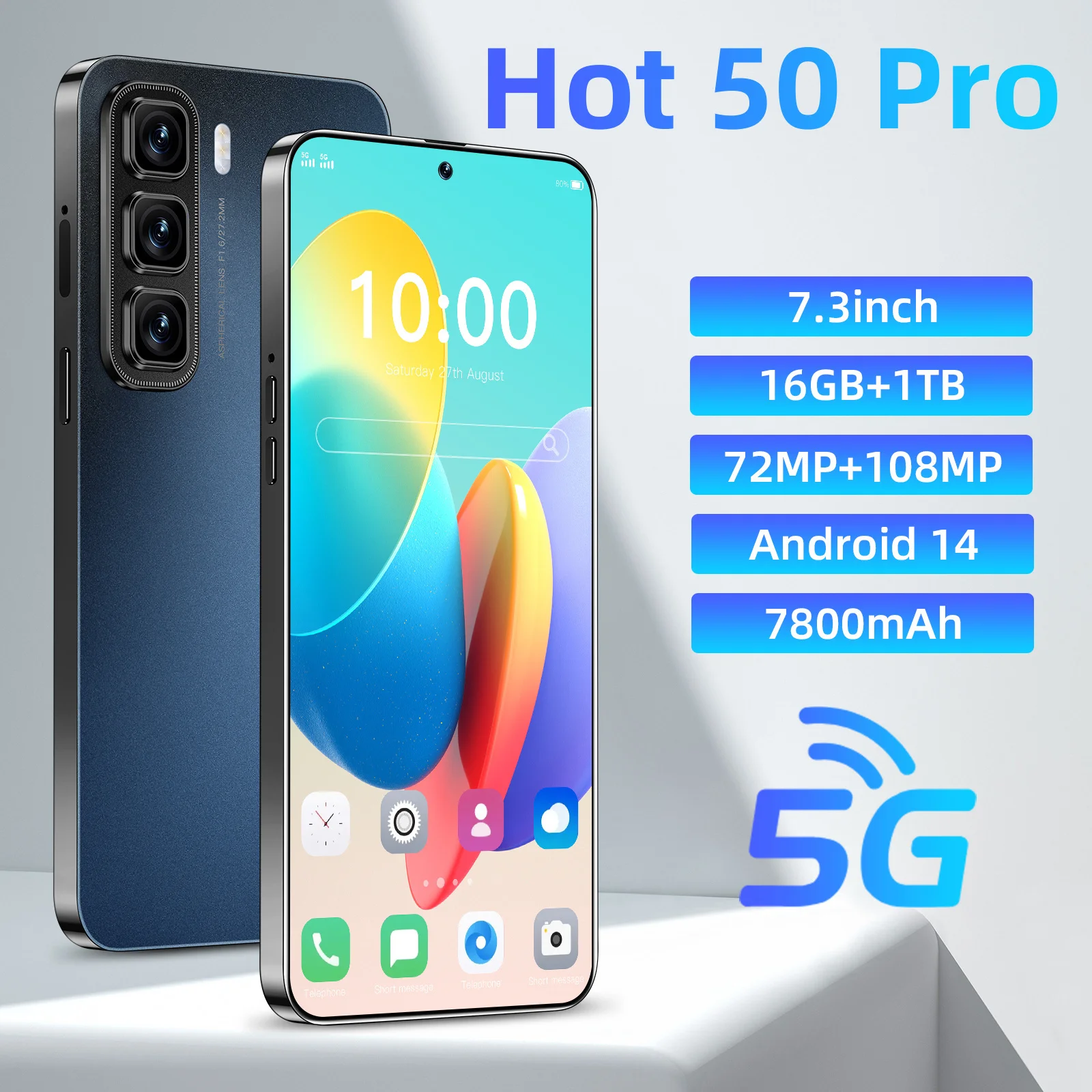 

HOT 2026 New HOT 50 Pro High Quality 7.3inch Global Edition 16GB+1TB Smart Dual Card 7800mAh Battery Facial Recognition Function