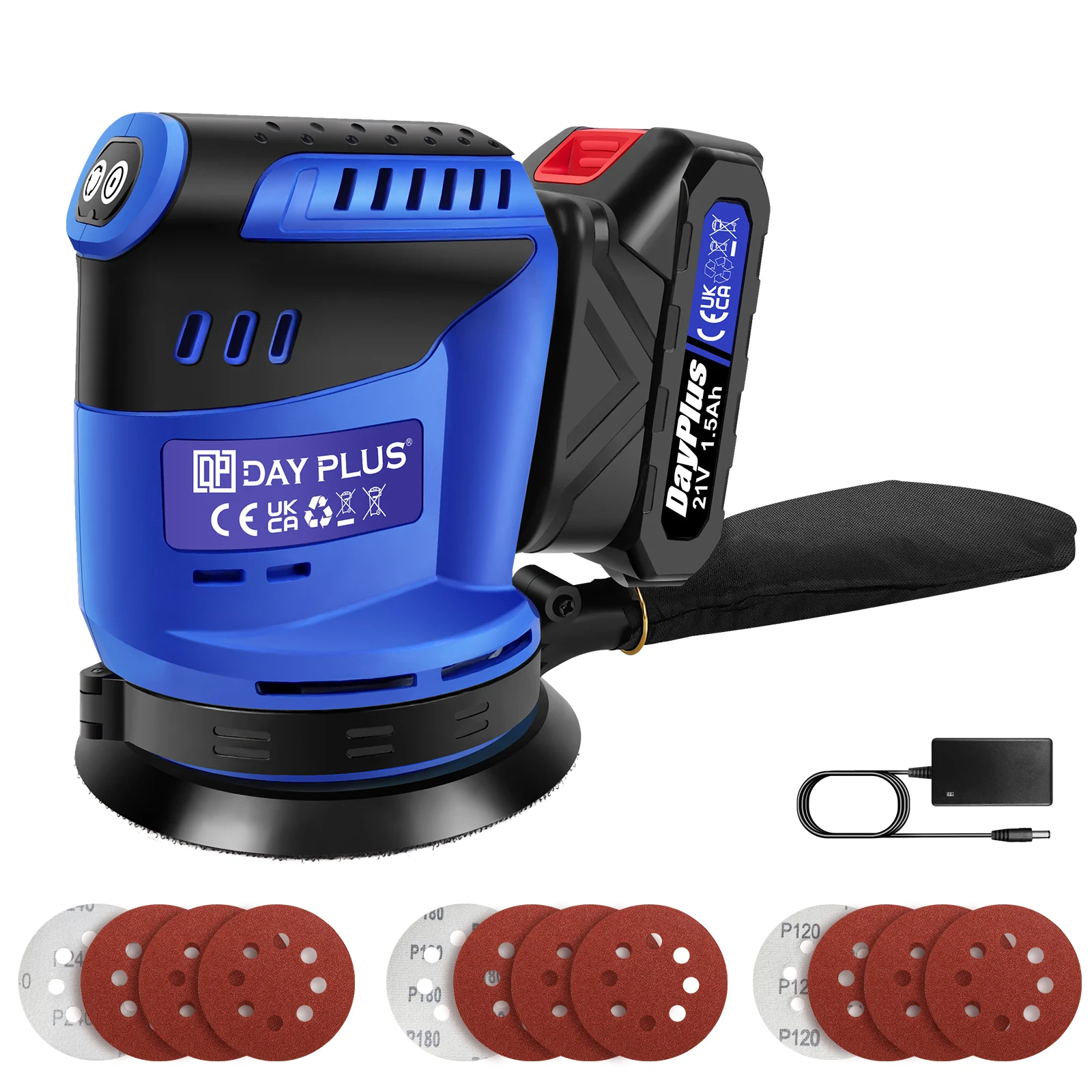 3000 W kabelloser Exzenterschleifer, 21 V, 3 Geschwindigkeitsstufen (7000–11000 OPM) – 125 mm Klett-Schleifpad, Staubsammelbeutel – zum Polieren, zum Entfernen von Farbe