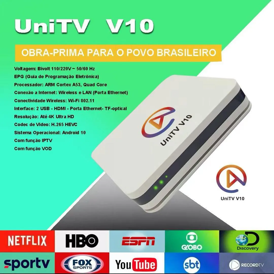 Loja Brasileira UNITV V10 Aparelho Conversor de Smart Tv Box Android 11 WiFi Assista Filmes Séries Desenhos e Canais em 1 Lugar