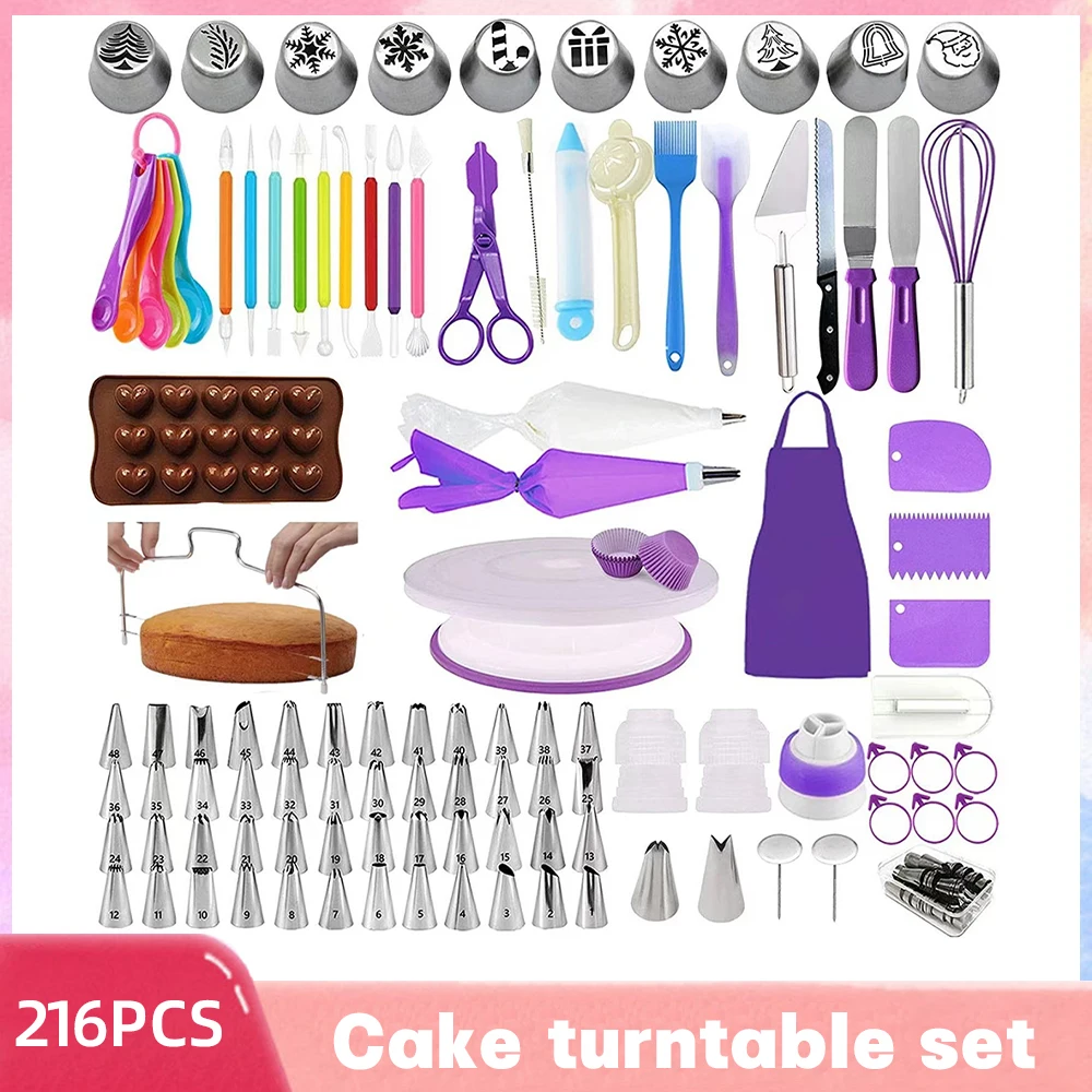 

216PCS Cake Decorating Tools Kit Pastry Turntable Kit Piping Nozzle Piping Bag Set Rotating Stand Baking Tools Accessories