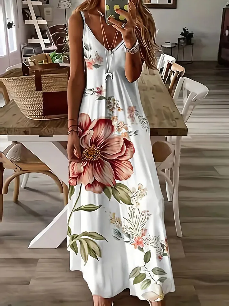 Hawaiian Vacation Travel Sexy V-neck Suspender Flower Dress Fresh Small Floral Street Fashion Sexy Party Dinner Evening Dress