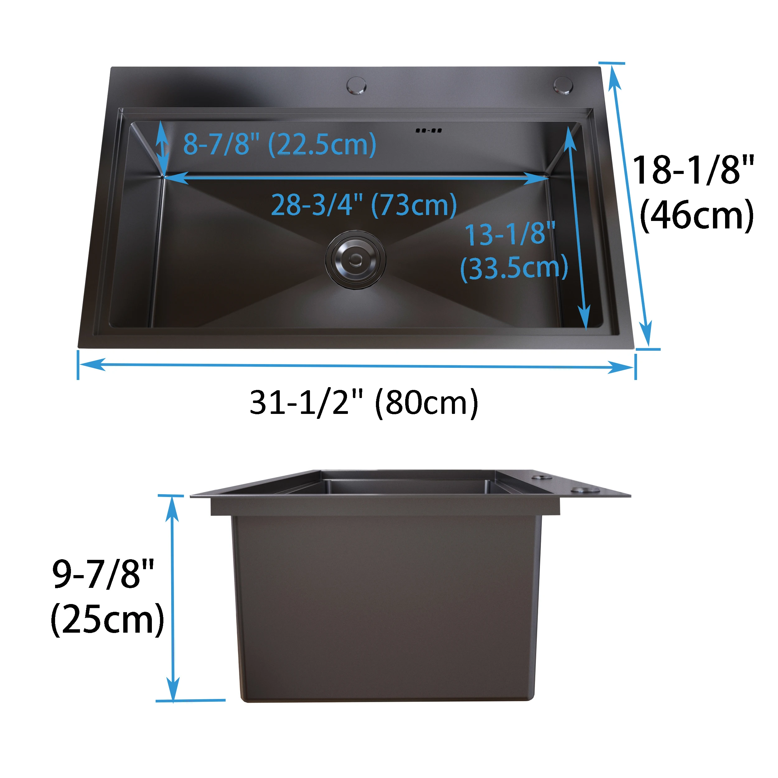 MEJE 80 x 46 Cm Drop-in 11 Gauge Stainless Steel Workstation Kitchen Sink ,Large Single Bowl,  Color Black，Grey