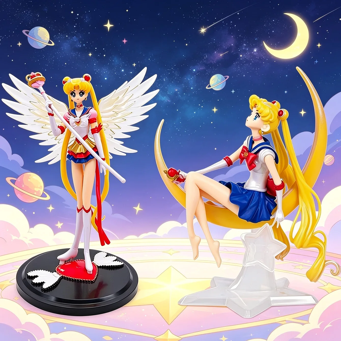 Conjunto de Figuras Sailor Moon: Tsukino Usagi Versão Sentada com Asas de Lua, Estátua Colecionável em PVC para Decoração de Mesa e Prateleira, Presente para Amantes de Anime