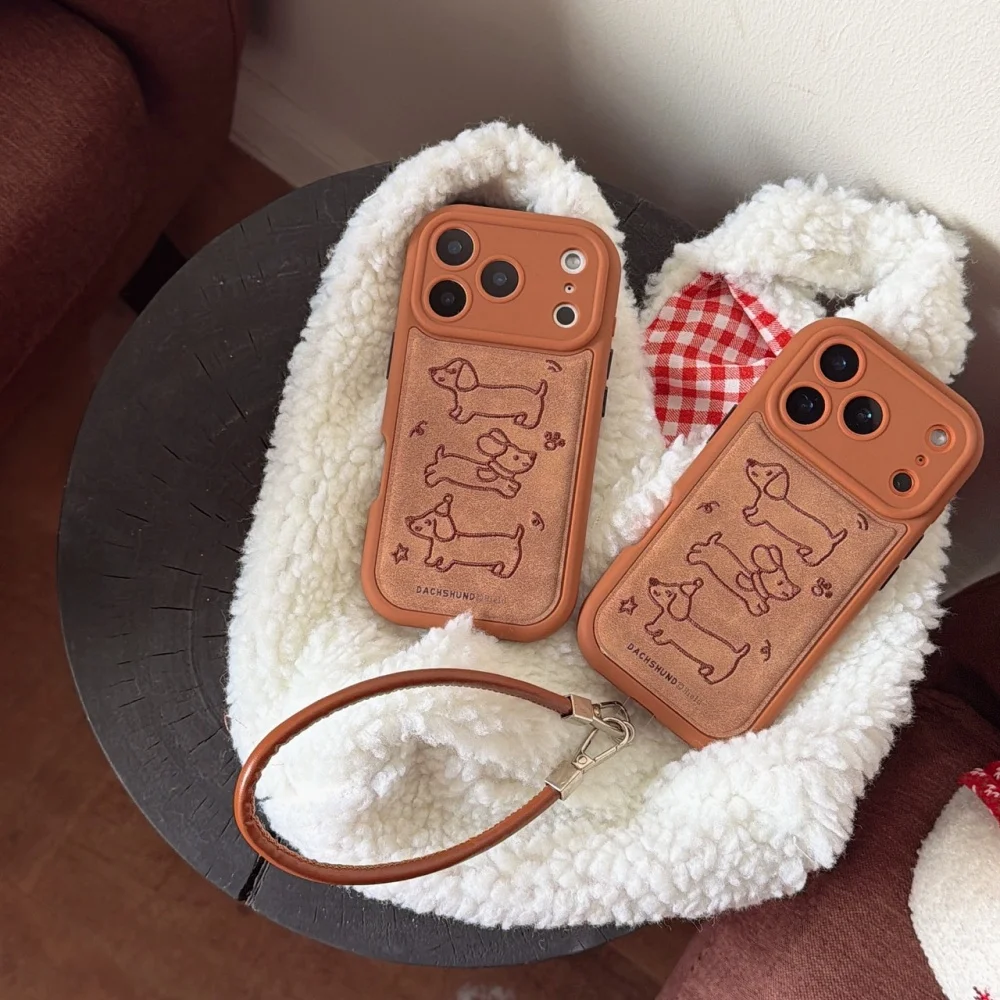 

Cute leather three-line dachshund mobile phone case,suitable for iPhone 14/15/16/17ProMax, niche new shock-proof protective case
