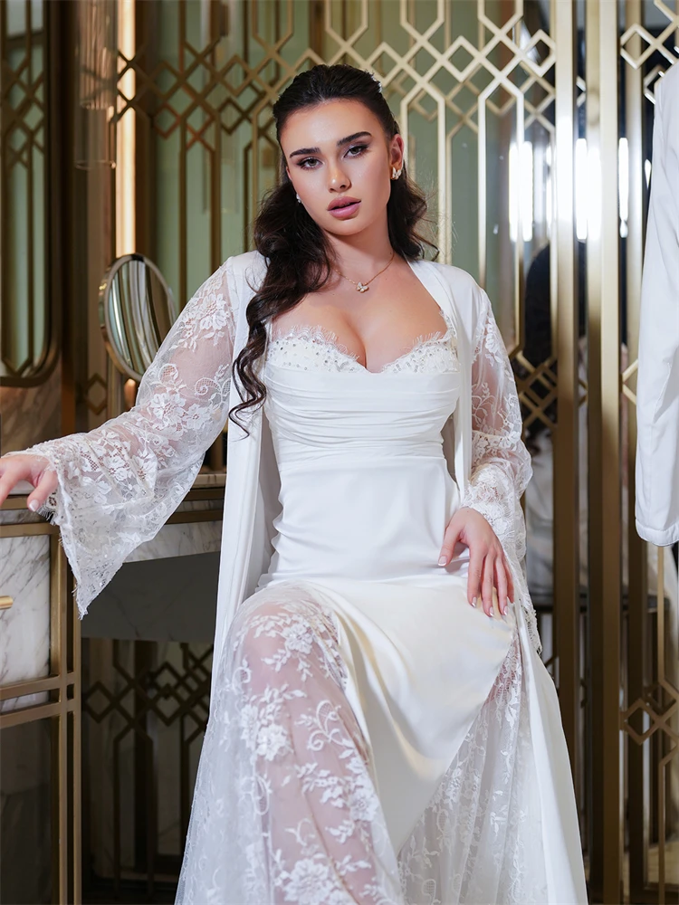 Abito da sposa in pizzo personalizzato in due pezzi per matrimonio Maniche svasate sexy Abito da addio al nubilato in morbido tulle da donna Night Gwon ع