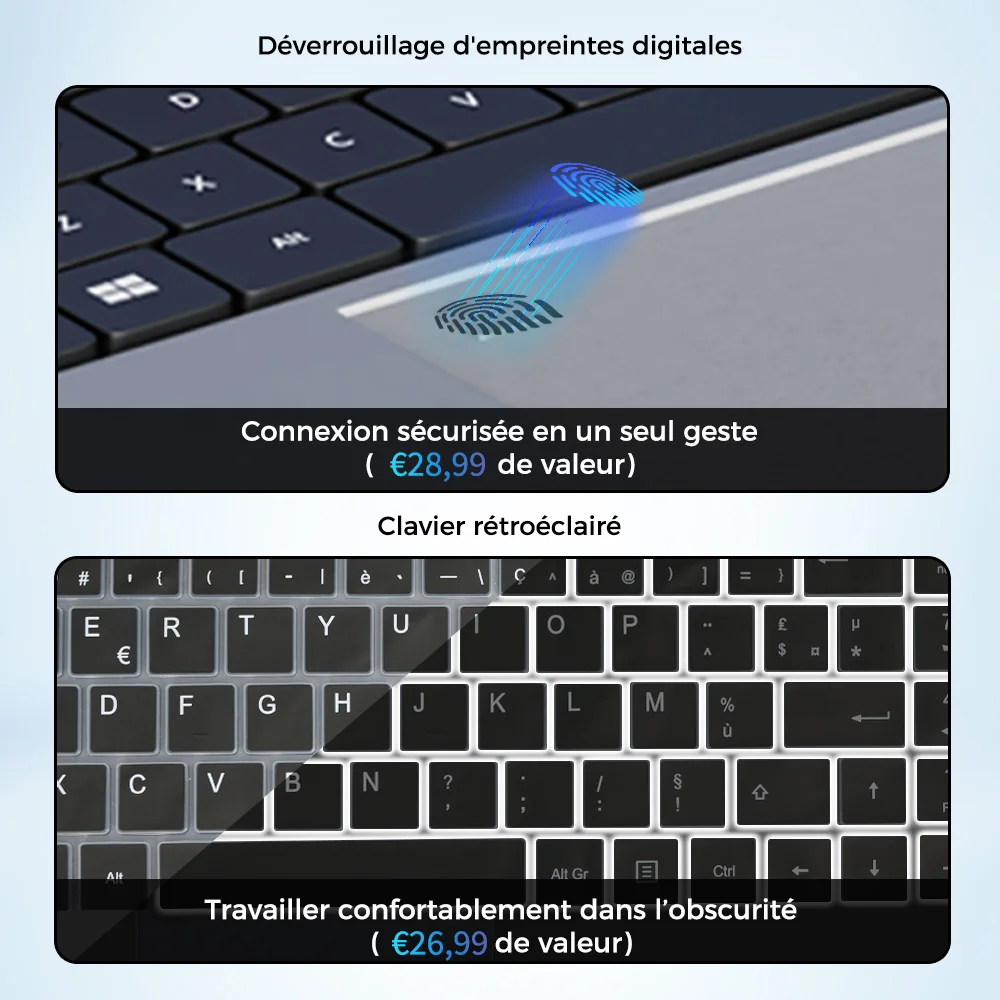 Laptop Laptop Full HD + Intel Celero N5095, 16 Go RAM, 512 Go SSD, Keyboard AZERTY French backlit with digital keypad, fingerprint unlock, Windows 11, WiFi Dual Band, bluetooth, PC Portable ideal for