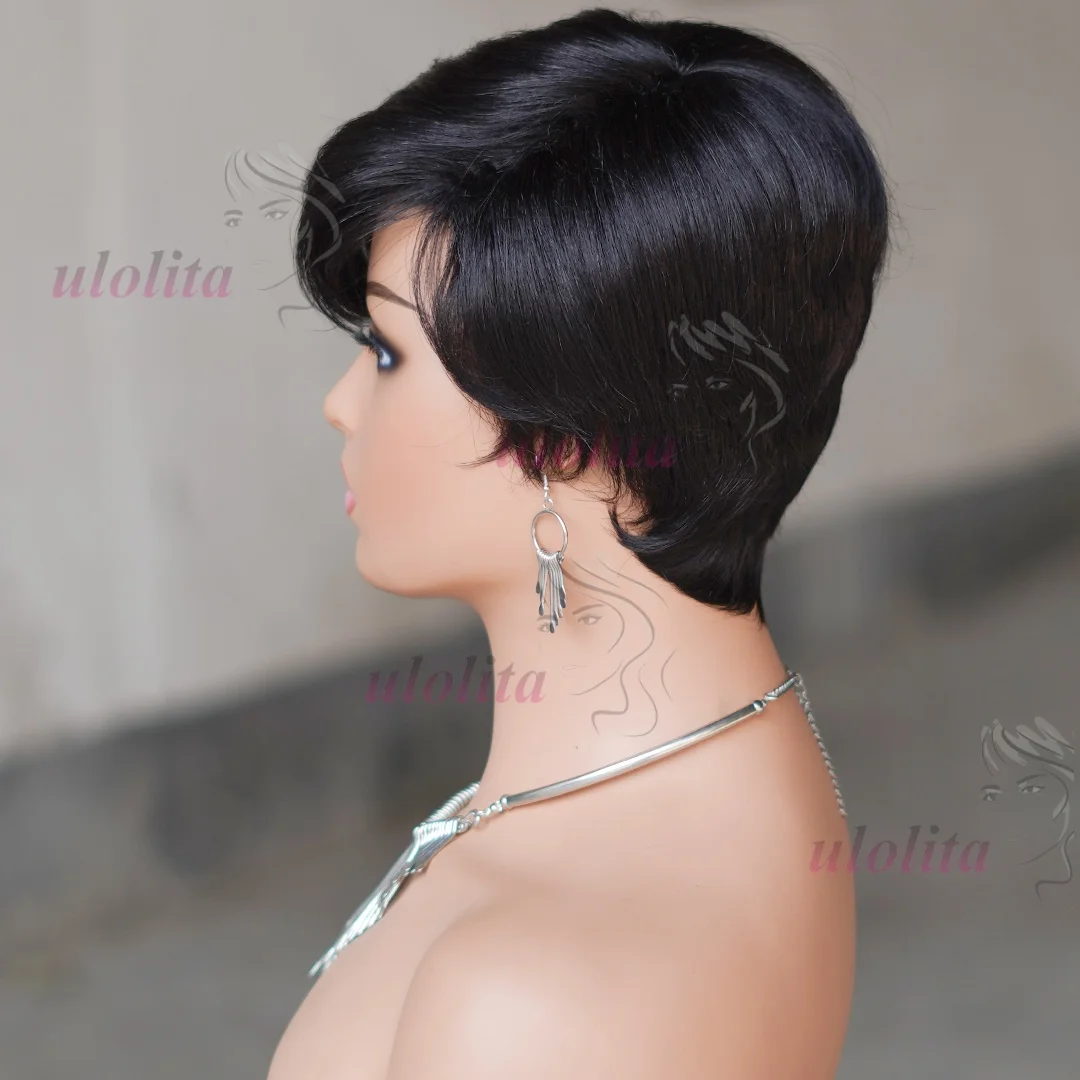 عابث قطع 100% باروكة من شعر طبيعي مع الانفجارات الجانبية للنساء قصيرة ريمي الطبقات الشعر البشري البرازيلي شعر أسود طبيعي شعر مستعار رخيصة