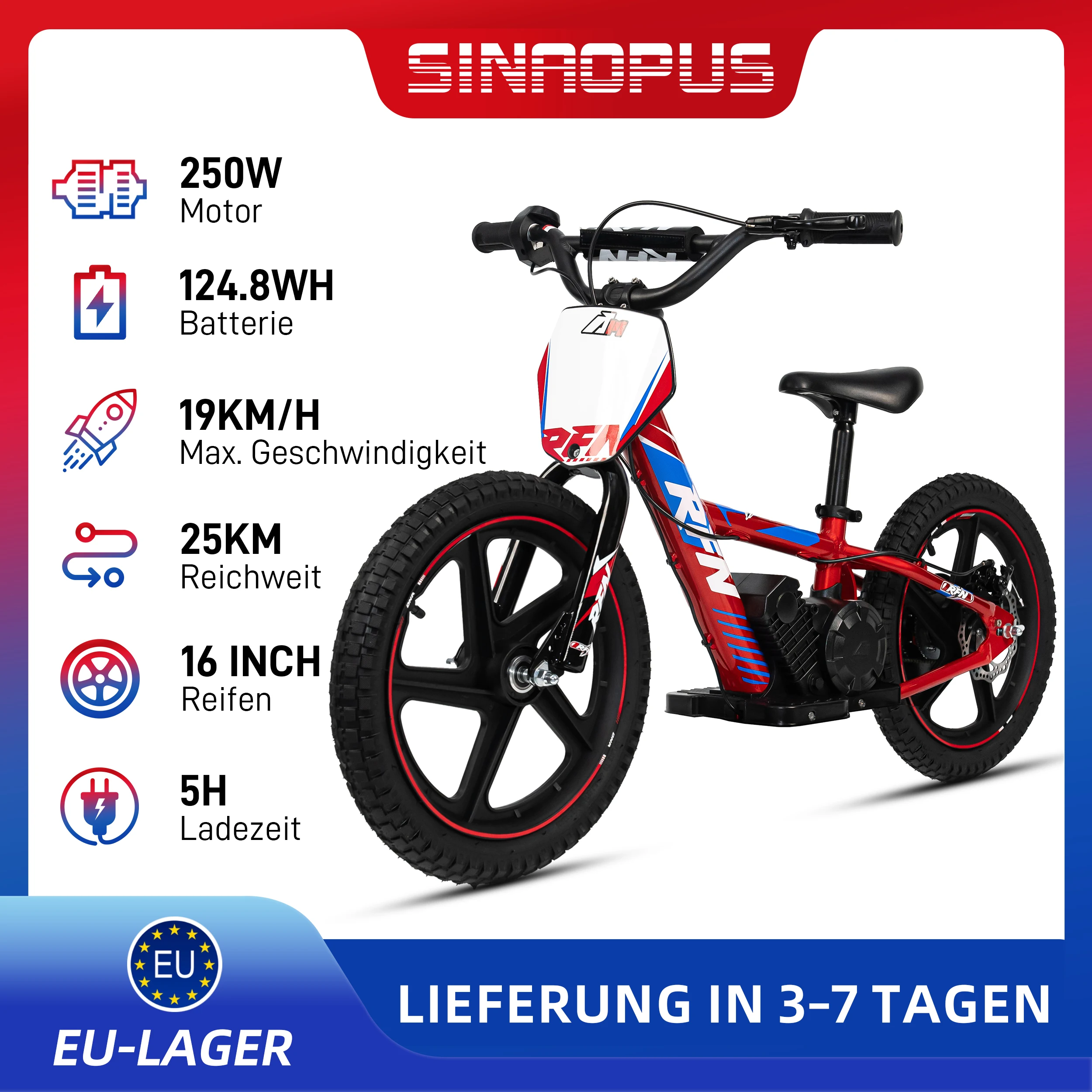 250W Kinder Elektro-Dirtbike, 124,8Wh Akku Elektromotorrad Rennmotorrad für Jungen & Mädchen im Alter von 4-8 Jahren, Allterrain E-Motorrad