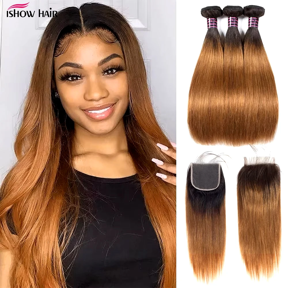 1B 30 Bundels With Closure Straight Human Hair Bundles With 4x4 Transparent Lace Closure Brazilian Remy Human Hair Extensions