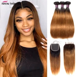Mèches Brésiliennes Naturelles Remy Lisses avec Closure, Extensions de Cheveux Humains, 4x4, 1B 30