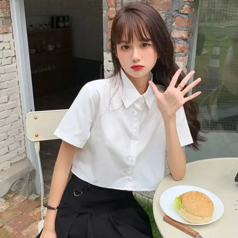 Koszule damskie letnie nowe krótkie rękawy dziewczęce delikatne krótkie bluzki w stylu koreańskim wypoczynek Baggy Preppy minimalistyczny Slouchy stylowy szykowny — zdjęcie 2