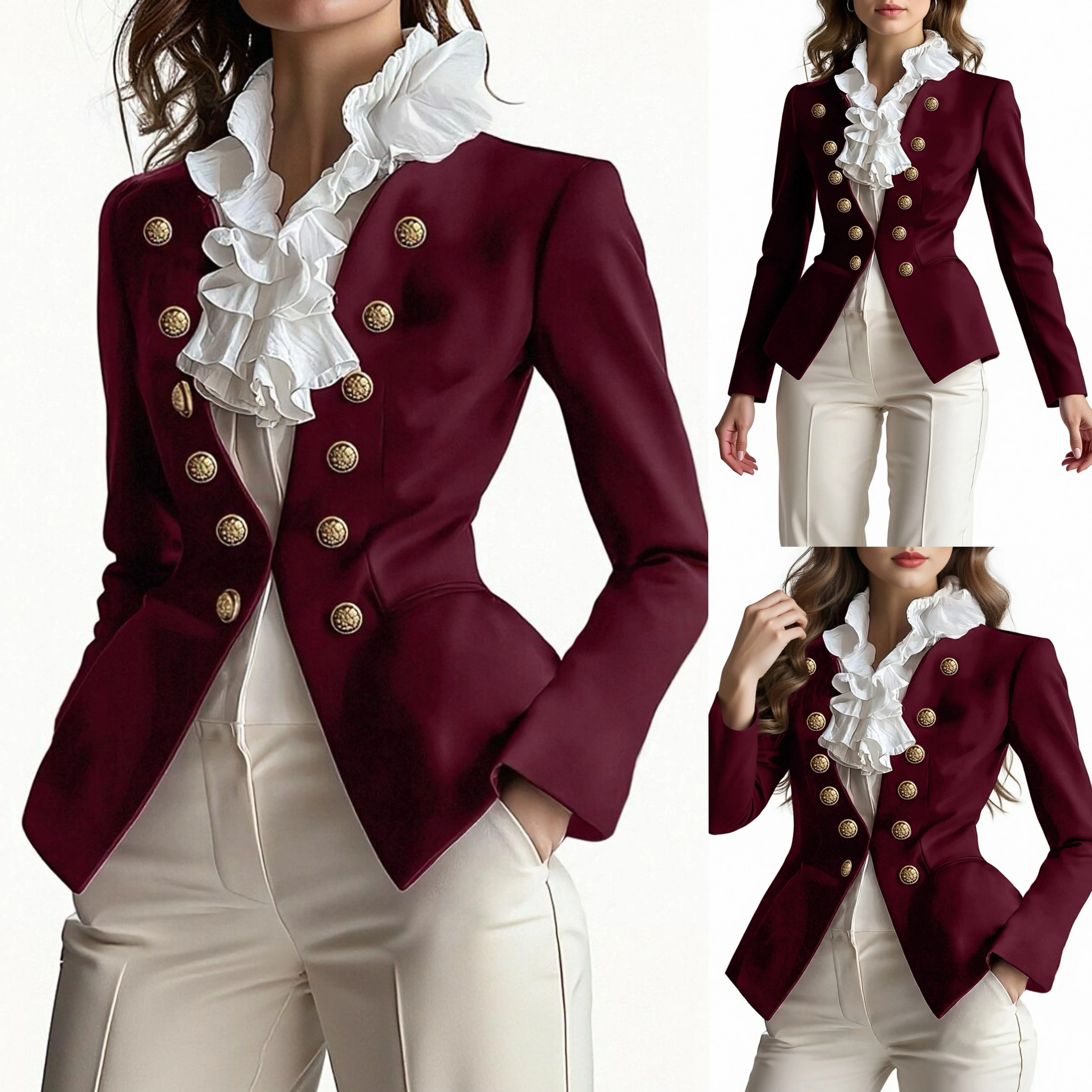 

Women's 2025 Autumn and Winter Office Blazers Solid Color Long Sleeve Double Breasted Gold Button Trimmed Collar Blazer