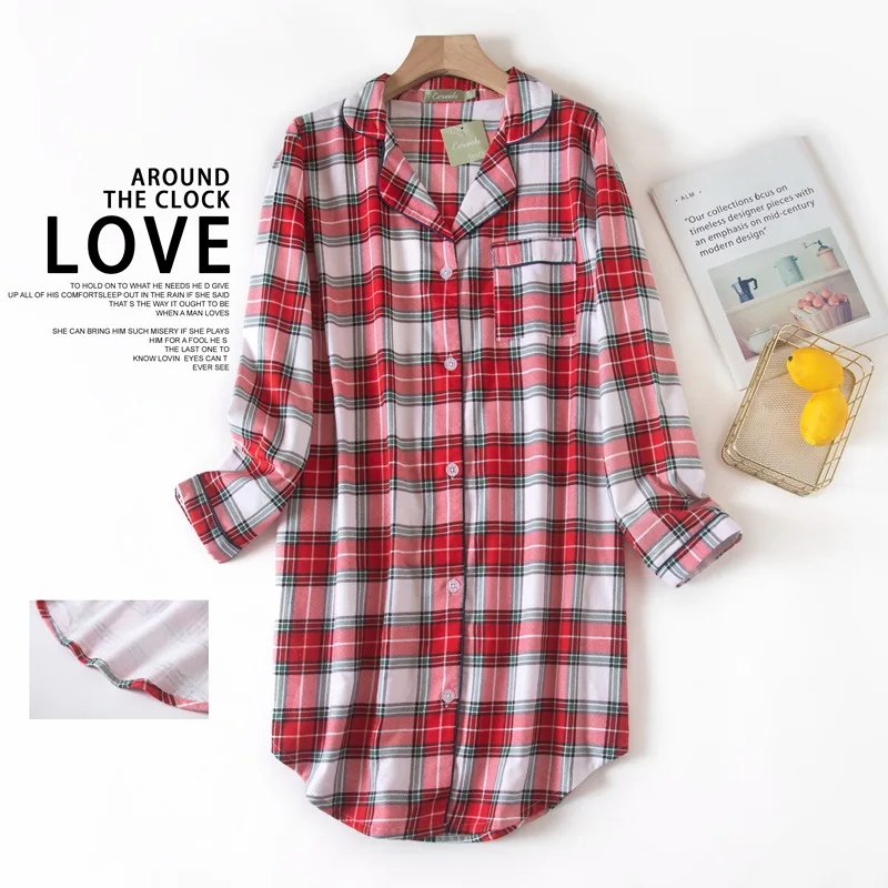 Spring Autumn Long Sleeve Sleeping Shirt Nightwear Dress for Woman Plaid Plus Size Shirt Nightdress Cardigan Night for Ladies