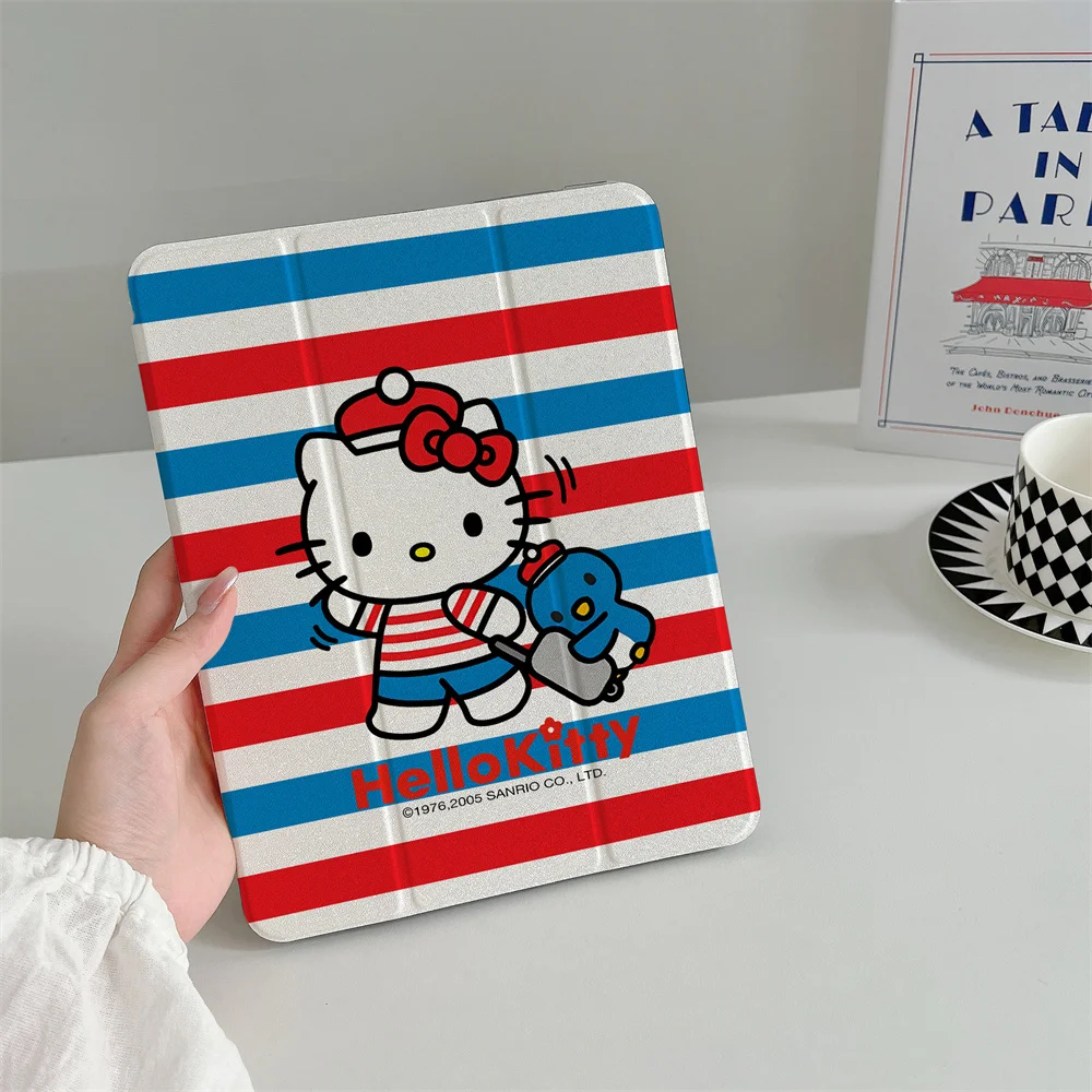 Cute cartoon stripe Hello Kitty suitable for A16 2024 11 inch 2025 Air 5/4 10.9-inch iPad 10 9.7 10.2/10.5 Mini 6/5 with pen slo