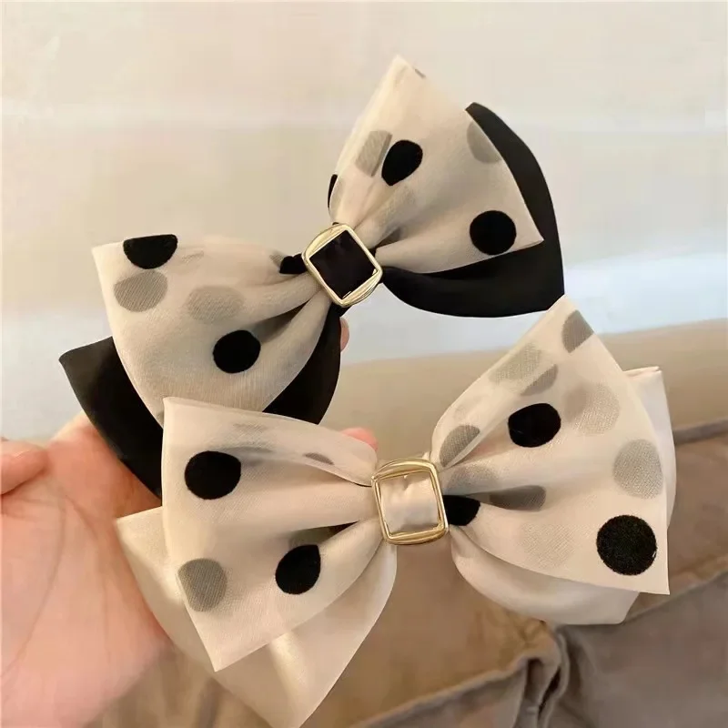 Koreański styl moda nadruk w kropki dwuwarstwowa klips do kokardki do włosów elegancka tkanina z organzy Barrette kucyk Holder szpilka dla kobiet — zdjęcie 2