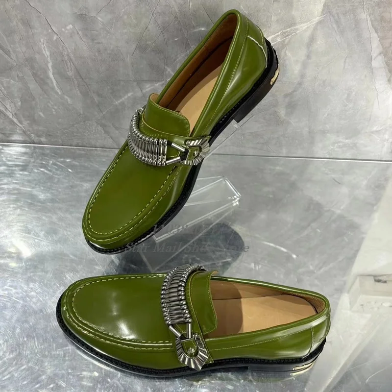 

Green Polished Leather Upper Heel Metal Buckle Accessories Men's Loafers British Style Square Toe Slip-On Business Casual Shoes