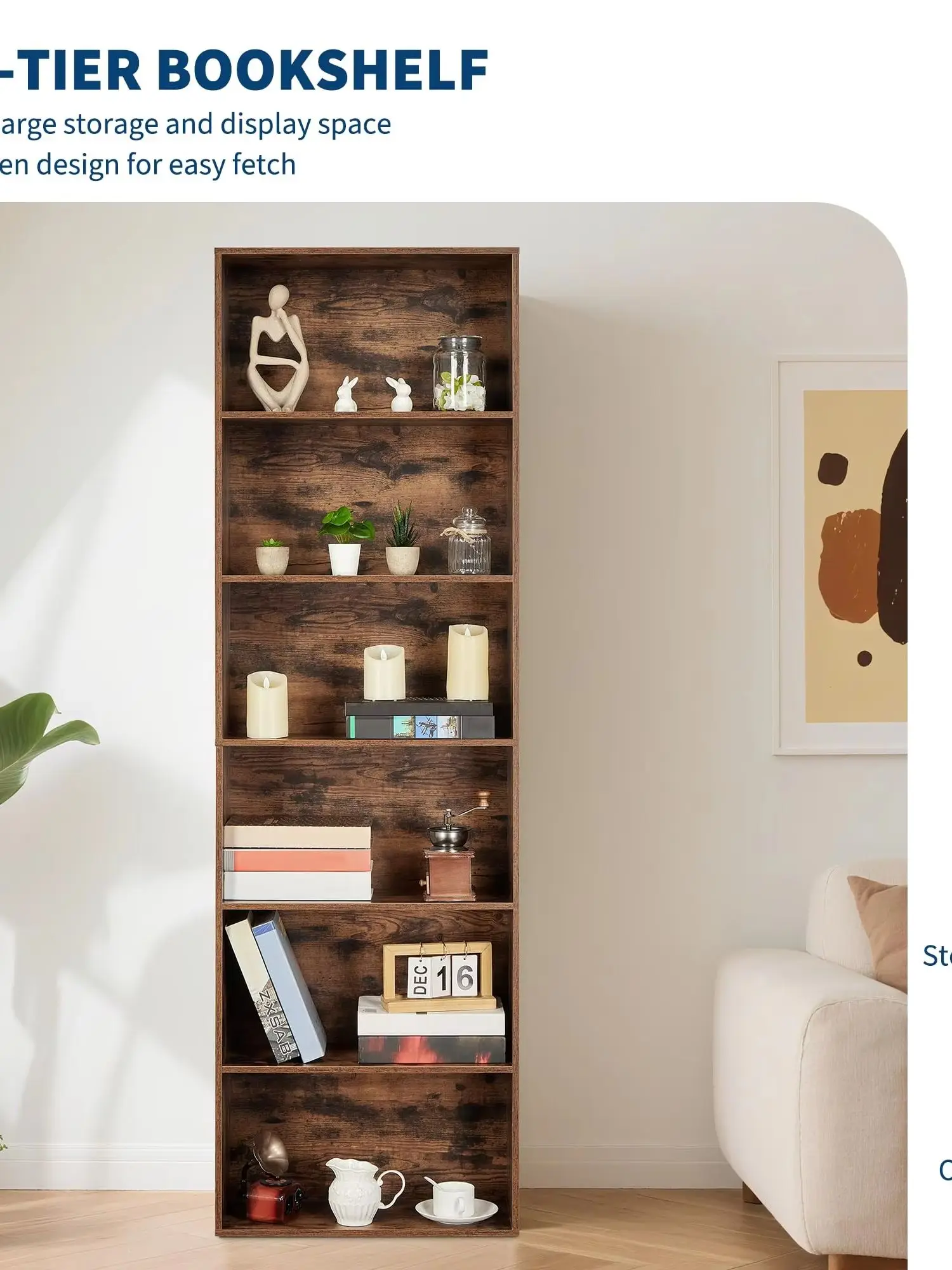 Wichtige Tragfähigkeit 250 kg – hohes industrielles Bücherregal mit 6 Ebenen aus rustikalem Holz, verstellbare Regale, ideal für Büro, Wohnzimmer, Schlafzimmer, Küche – braune Holzoberfläche – Farbe: